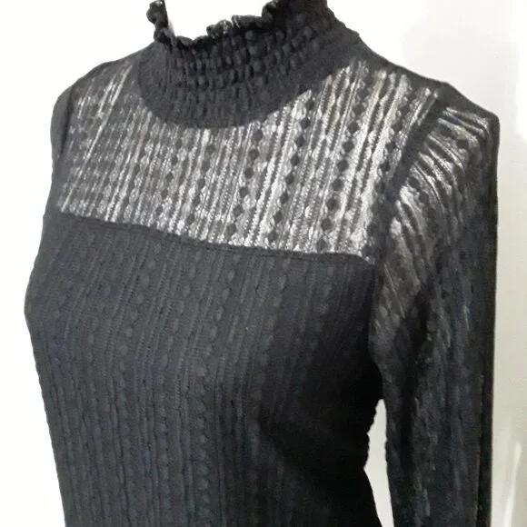 Adrianna Papell lovely dark black sheer neckline long sleeve top size M - Picture 4 of 11